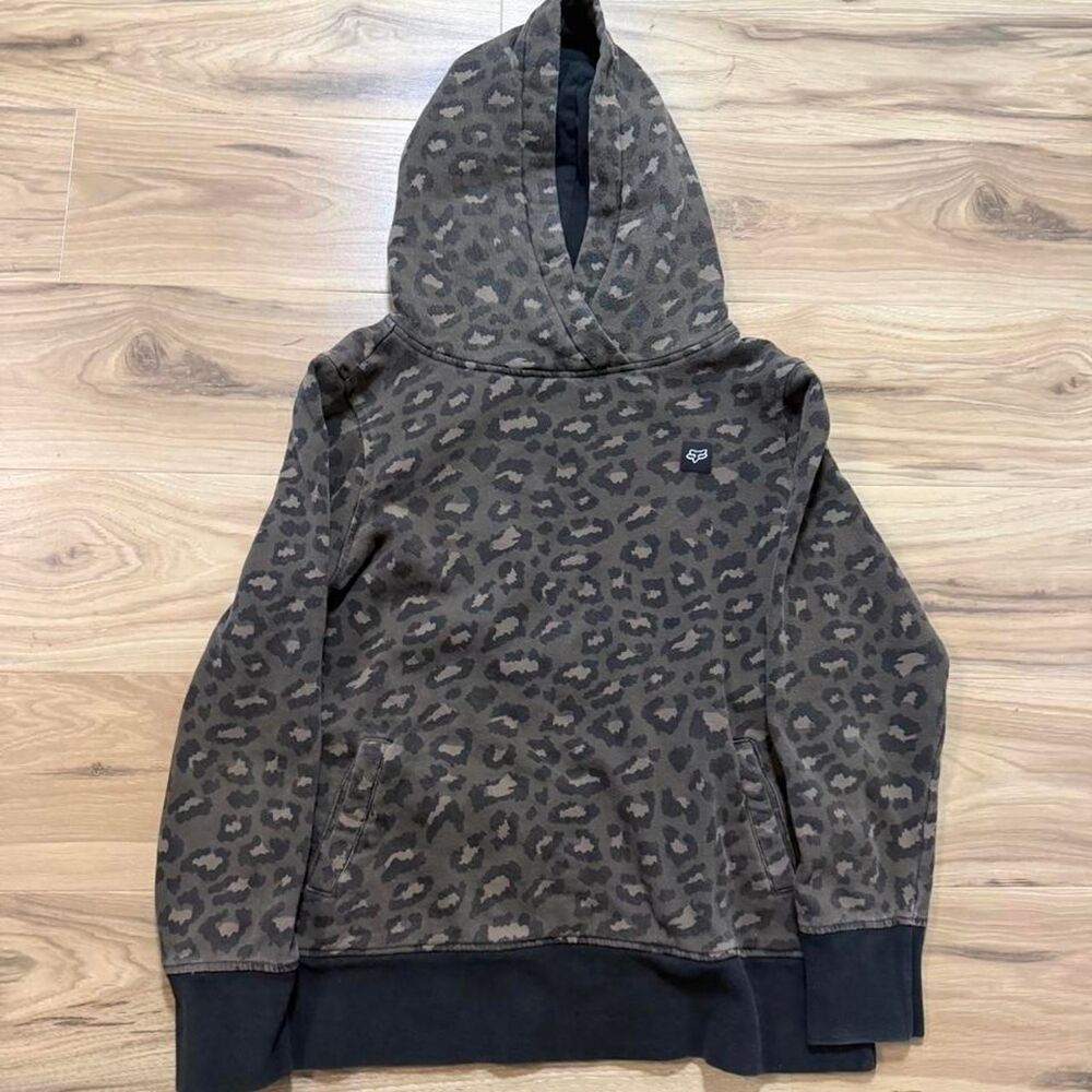 Y2K Fox Racing leopard print hoodie baggy AOP grunge Size XS